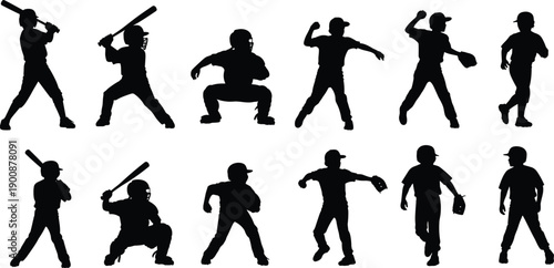 Set of baseball player silhouettes including batters, pitchers, and catchers for youth league sports design, team tournament graphics, athletic coaching, and championship posters.