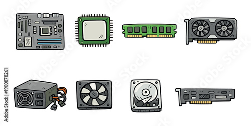 Illustrated computer components: motherboard, cpu, gpu, ram, power supply, hard drive, fan