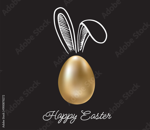 Rabbits's ears with Gold eggs on black. Happy Easter. Hand drawn illustration.	

