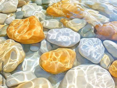 Serene River Flowing Over Smooth, Shimmering Rocks