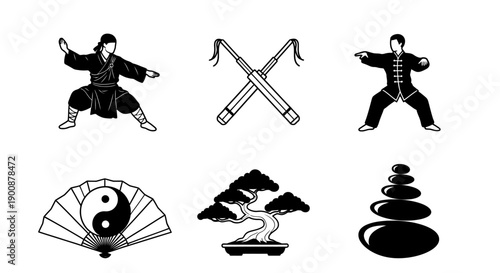 Martial arts illustrations depicting various techniques and symbols associated with balance and harmony in a serene environment from a straightforward viewpoint
