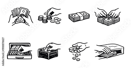 Various hand drawn hand gestures with money and financial items
