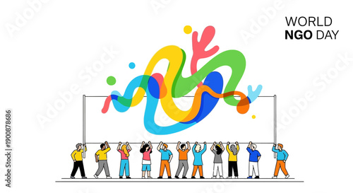 Illustration of diverse people holding up a colorful abstract design on World NGO Day, promoting global solidarity and social impact with a vibrant and inclusive mood.