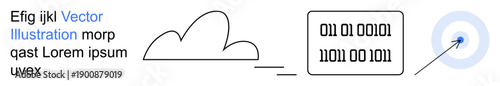 Cloud computing, data storage, technology integration, file sharing, binary code, digital target. Minimalist design a cloud, binary digits and a digital target. Cloud computing and data storage