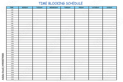 24 Hourly Weekly Schedule - Monday Start. Mockup for daily scheduling and time management. 30-minute increment hourly planner templates. Time Planner.