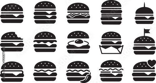 A collection of various burger icons in a simple, bold, black and white graphic style, featuring different toppings and designs