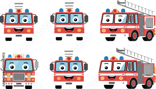 Cute Cartoon Fire Trucks Vector – Smiling Red Emergency Rescue Vehicles