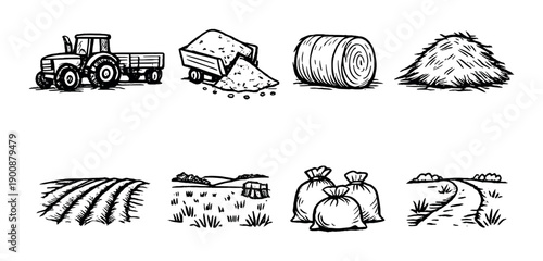 Farm equipment icons featuring tractor, hay bale, and cultivated fields