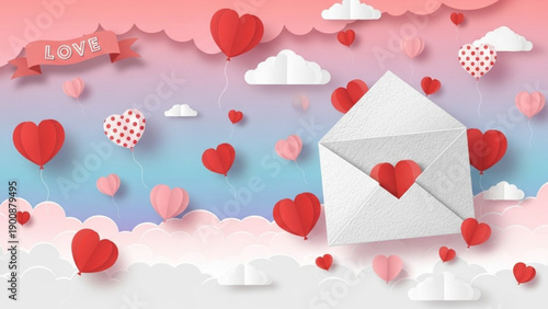 A large paper-textured envelope opening to reveal a red heart, surrounded by floating heart balloons and paper clouds against a blue and pink gradient sky.