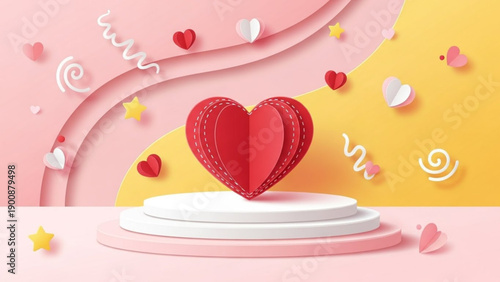 A 3D paper craft stage or podium with a large red heart centerpiece. Pastel pink and yellow background decorated with small hearts, stars, and swirls.