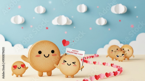 A 3D paper craft scene showing a family of round cookies with happy faces. One is holding a "Happy Valentine's Day" banner. Blue sky background with white paper clouds and a heart trail.