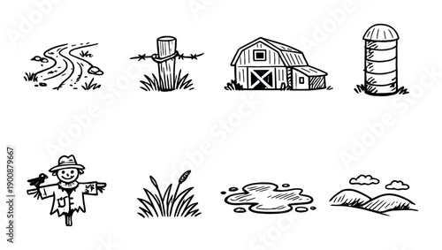Monochrome farm icons: barn, scarecrow, pathway, silo, pond, hills