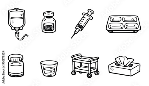 Medical equipment icons: iv bag, syringe, medicine bottle, cart, glass, napkins