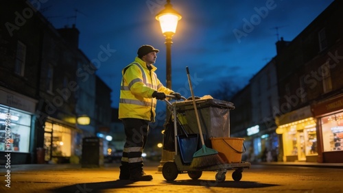 Municipal street cleaner in reflective jacket on quiet town high street at dusk, pushing cleaning cart under streetlamp glow, urban maintenance and community care mood