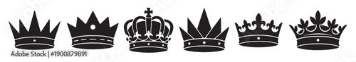 diverse set of six black silhouette crown icons for