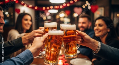 Joyful group of friends toasting with frothy beer mugs in a cozy, illuminated restaurant or pub.