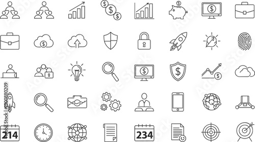 Business and finance outline icon set with marketing, startup, security, analytics, cloud and productivity symbols isolated on white background for web and mobile interface design