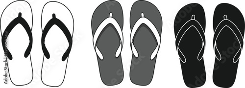 Set of flip-flop sandals vector icons in outline and flat silhouettes for summer vacation design, beach footwear fashion, and seasonal spa travel graphics.