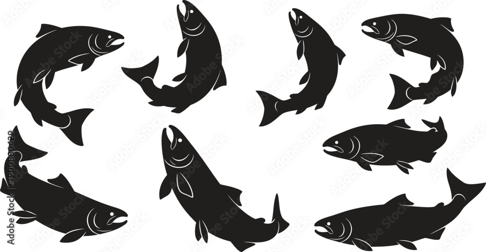Obraz premium Silhouette of multiple fish swimming together in different directions