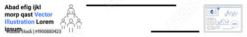 Teamwork, data visualization, corporate strategy, analytics, business insights, productivity. Group of people icon connected to data dashboard with graphs. Teamwork and data visualization concept