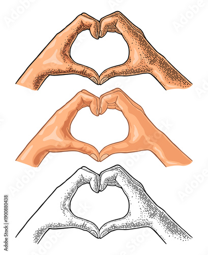 Fingers show heart. Vector color and black vintage engrave illustration isolated on a white background. For poster valentines day