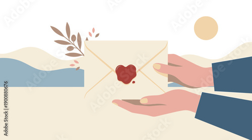 Hand holding envelope with a heartfelt love letter inside