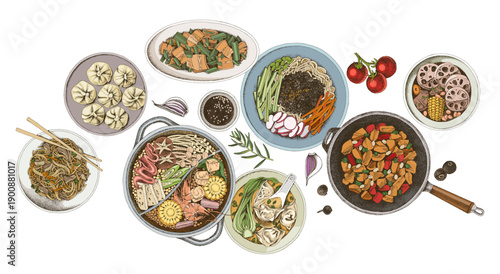 Traditional Asian cuisine dishes hand drawn vector
