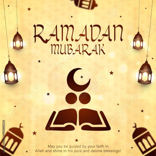 Ramadan mubarak greeting card with lanterns and holy quran icon, Islamic holy month celebration background with golden bokeh and moon, Religious ramadan kareem social media post template with lanterns