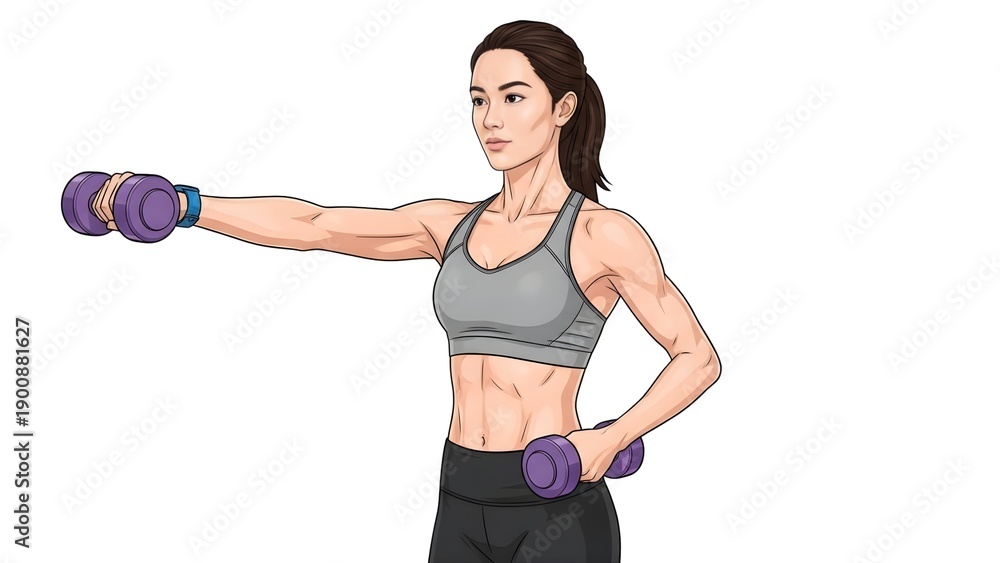 Fototapeta premium A fit woman engaging in a dynamic workout with dumbbells in a modern fitness environment.