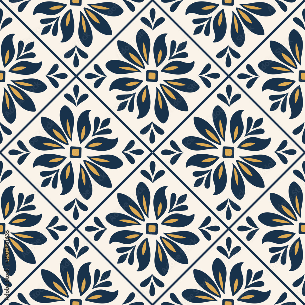 Fototapeta premium Seamless Mediterranean tile pattern with intricate blue ceramic mosaic design, featuring ornate floral motifs and traditional Italian ornamental elements for elegant backgrounds