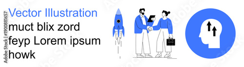 Business development, teamwork, startup culture, innovation, professional collaboration, mindset growth. Rocket graphic, handshake and head icon with arrows. Startup culture and business development