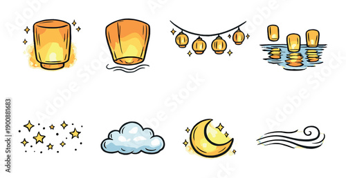 Sky lanterns and celestial symbols: moon, stars, clouds, wind, floating lights