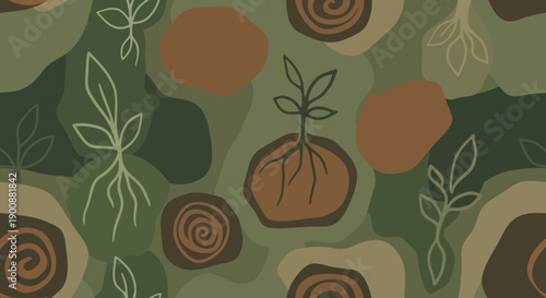 Vibrant abstract pattern with sprouting plants and earthy tones