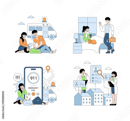 Emergency Response Vector Illustrations Depicting Medical Scenarios