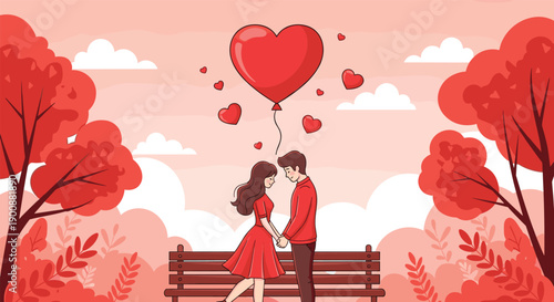 cute heart characters with different emotions, happy couple in park, broken heart icons, Valentine romantic gift and flower