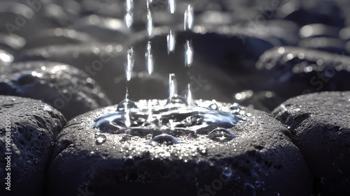 Water Drops Splash Down on Pebbles in a Soft Natural Lighting