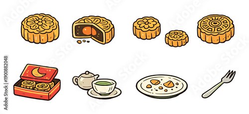 Assorted mooncakes and tea set with fried eggs and fork on gradient background