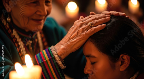 Elderly Woman Placing Hand on Young Woman Head in Blessing or Prayer