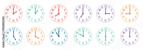 Set of twelve colorful analog clocks showing each hour from one to twelve