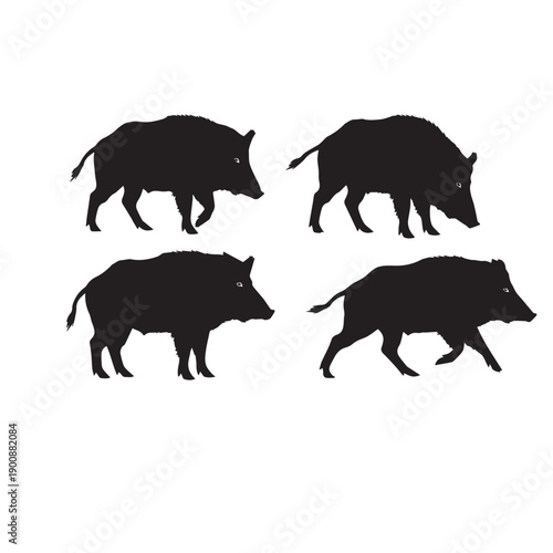 Wild Boar Silhouette Vector Set, Wild Boar Black and White Illustration, Boar Animal Silhouette Collection