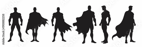  silhouette illustrations of male superheroes in various