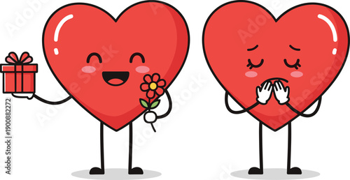 Cute red heart characters showing emotions of happiness and sadness, broken heart icons and romantic hearts with gift and flower,