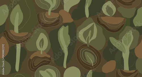 Vibrant green and brown abstract plant pattern with leaves and soil