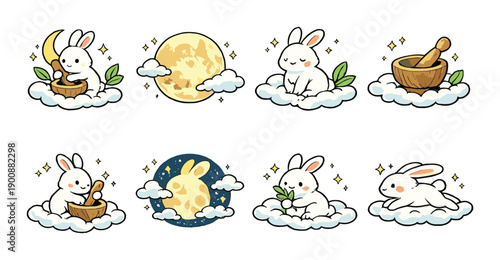 Cartoon bunnies on clouds with moon and stars