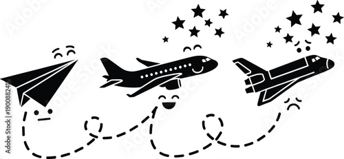 Anthropomorphic Flight Progression Illustration Featuring Paper Airplane, Jet, and Space Shuttle with Expressions Depicting Humor, Emotion, and Technological Journey