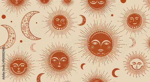 Vibrant celestial pattern with suns and moons on beige background