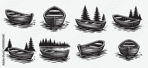 Wooden boats and pine trees on water canoe lake
