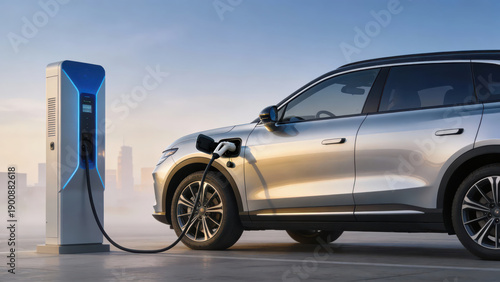 A futuristic blue electric vehicle charges at a charging station against a city skyline background, presenting a tech-savvy scene of eco-friendly travel, making it a material image suitable for new en