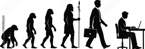 Human Evolution from Primate to Modern Worker: Silhouettes Showing Progression, Spear, Business Suit, and Laptop Technology Engagement