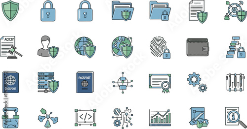 Cybersecurity and data protection icon set with shield, lock, password, network security and digital privacy symbols isolated on white background vector collection